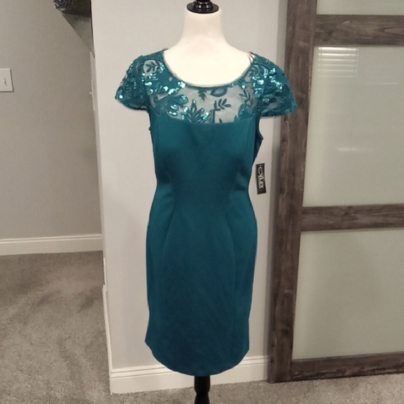 Alex Evenings Midi Sheath Dress w Lace Illusion Cap Sleeves  Size 14 NWT. - Picture 1 of 2